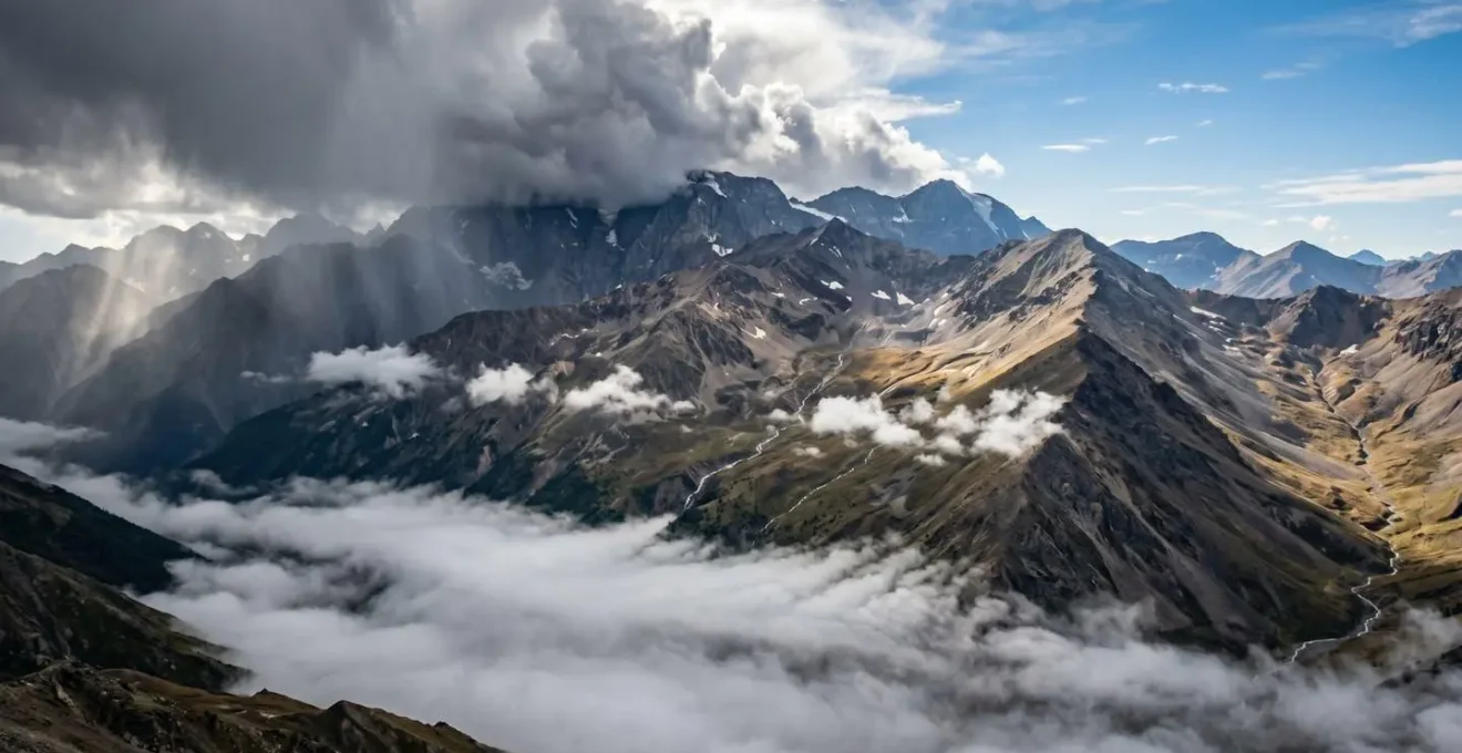 Topographic visualization showing fog in valleys, clear peaks, and rain shadow effects in mountainous terrain