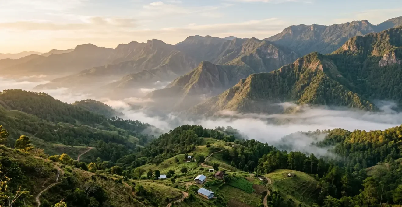Panoramic view of lush green mountain valleys in the Central Cordillera with morning mist