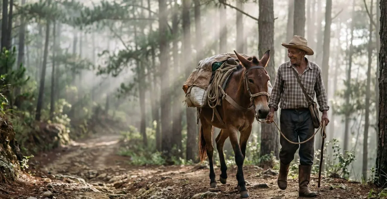 Local arriero with pack mule on mountain trail surrounded by pine forest