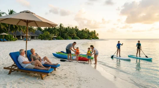 Three generations enjoying soft adventure activities on a tropical beach with kayaks and paddleboards