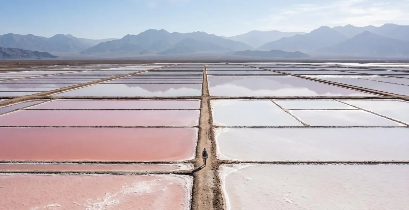Wide landscape showing pink salt ponds with mountain backdrop
