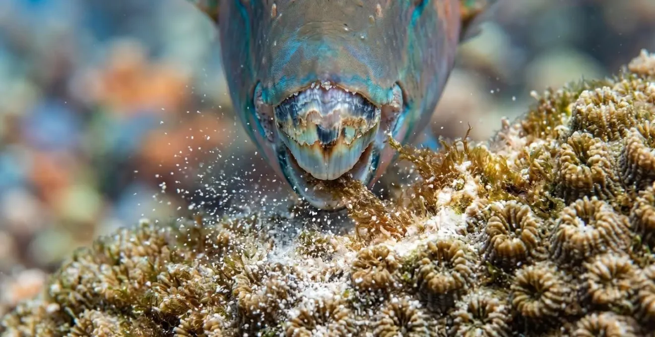Macro shot of parrotfish feeding on coral with sand particles visible
