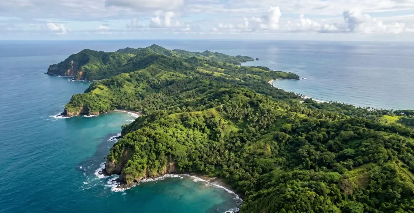 Aerial view of lush green Samana Peninsula after rainy season