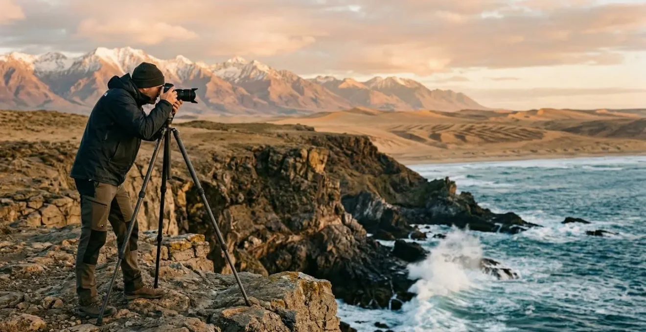 Photographer with camera standing at coastal cliff overlook with mountain range and desert landscape visible in distance during golden hour