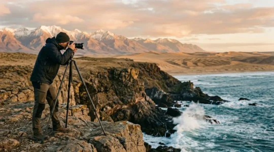 Photographer with camera standing at coastal cliff overlook with mountain range and desert landscape visible in distance during golden hour