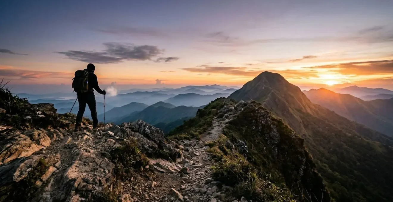 Hiker approaching Pico Duarte summit at dawn with panoramic Caribbean mountain views
