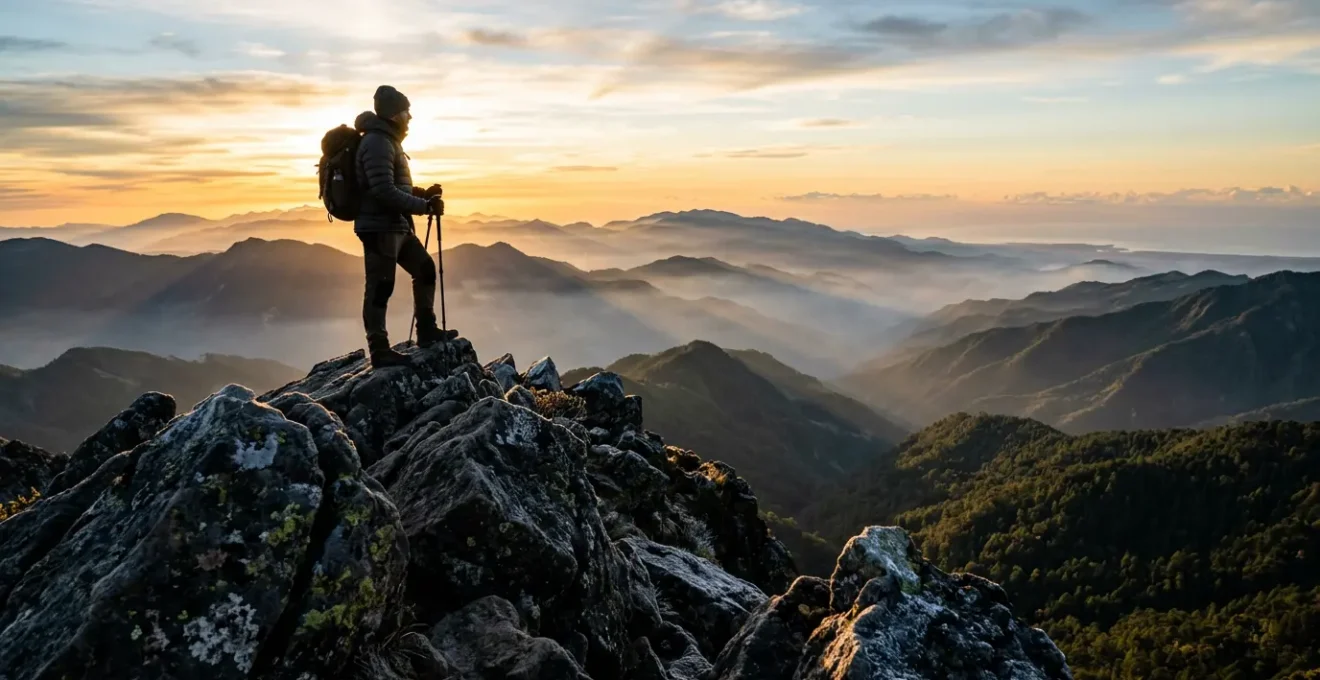 Hiker reaching the summit of Pico Duarte at sunrise with panoramic mountain views
