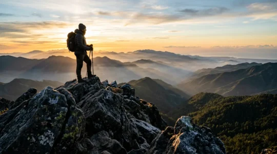 Hiker reaching the summit of Pico Duarte at sunrise with panoramic mountain views
