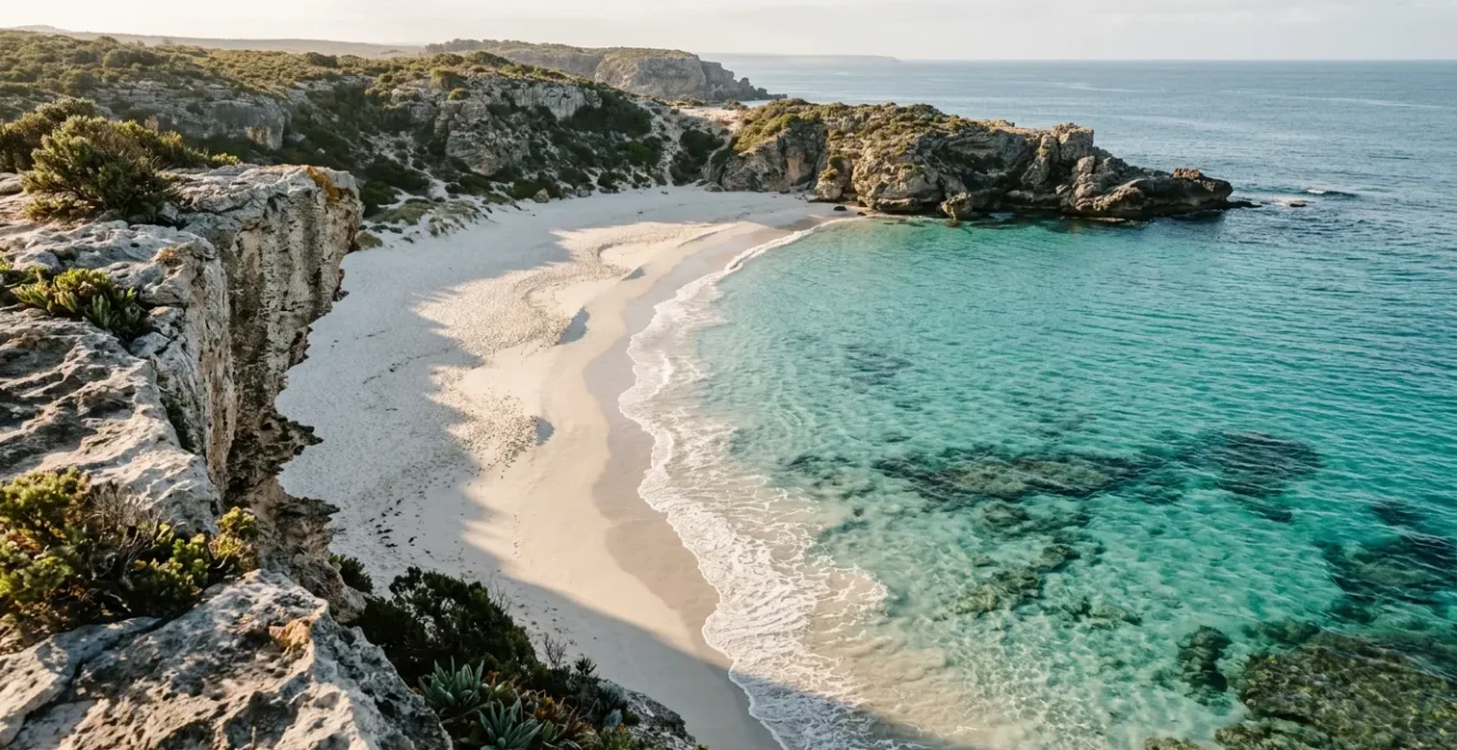 Pristine private beach cove with crystal clear turquoise waters and white sand between dramatic cliffs