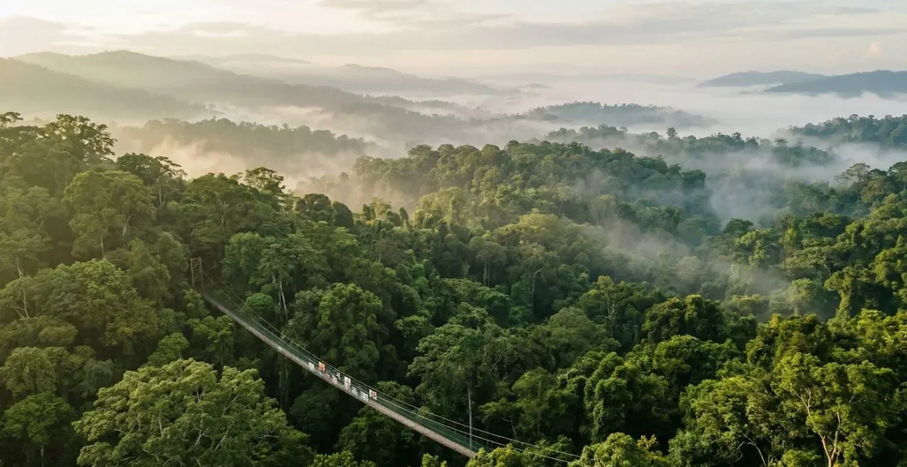 Aerial view of a rainforest canopy with suspended walkways winding through misty treetops