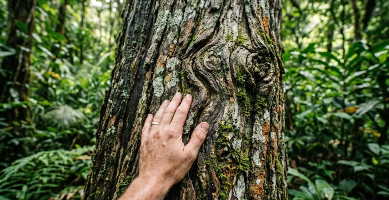 A close-up of a distinctive tree bark with moss, serving as a natural trail marker in a dense rainforest.