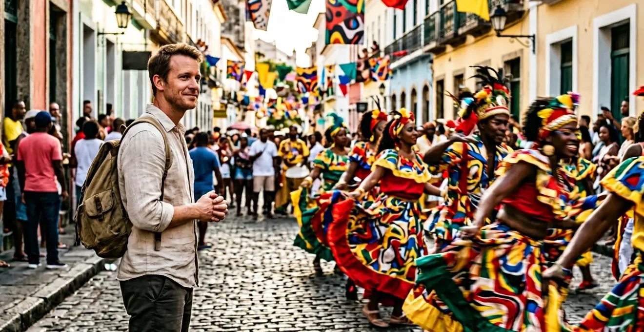 Traveler respectfully participating in a local cultural ceremony