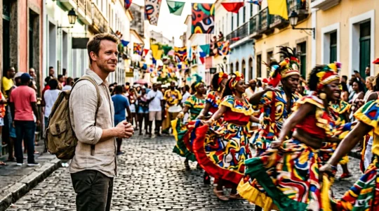 Traveler respectfully participating in a local cultural ceremony