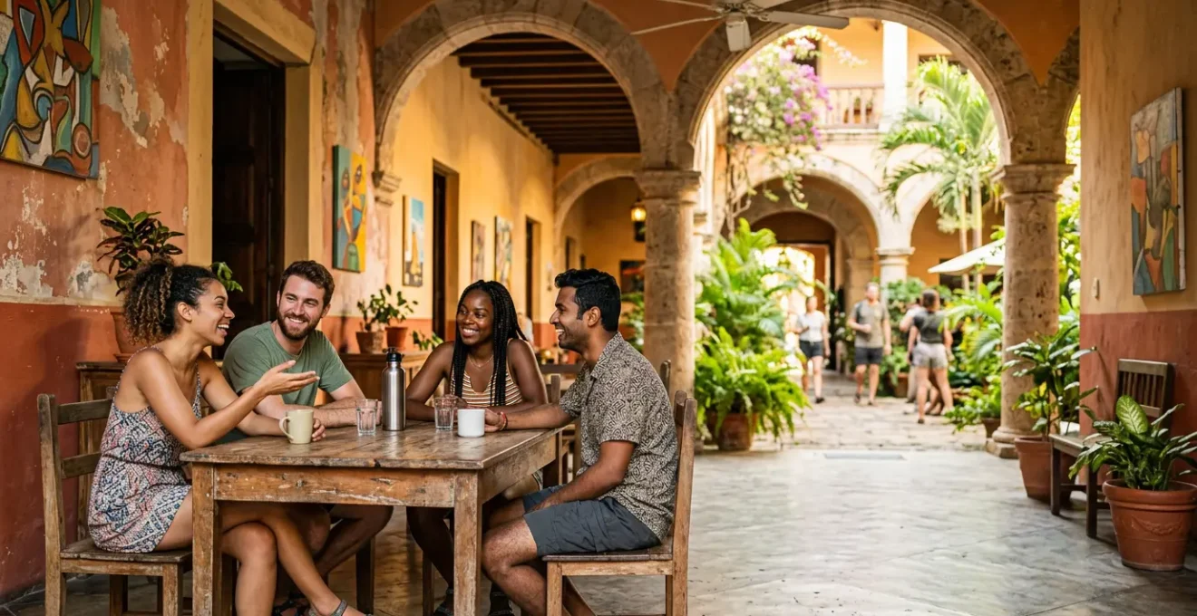Vibrant hostel common area with diverse backpackers connecting in Santo Domingo colonial setting