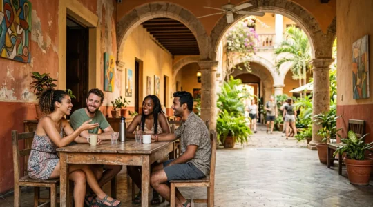 Vibrant hostel common area with diverse backpackers connecting in Santo Domingo colonial setting