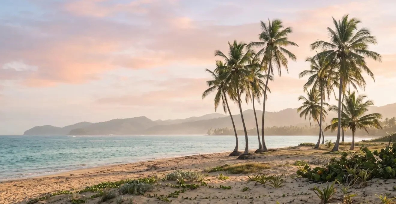 Scenic coastal view of Samaná Peninsula with coconut palms and Caribbean atmosphere