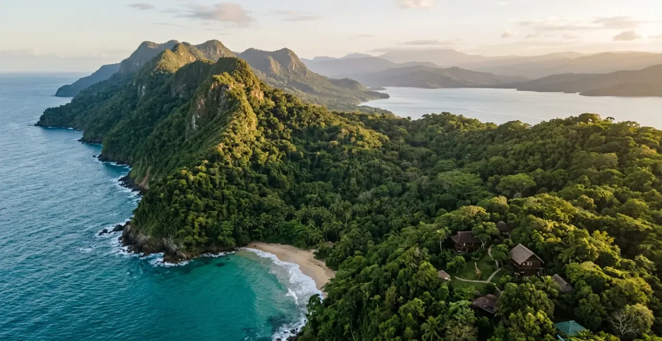 Aerial view of a secluded jungle lodge nestled between turquoise Samaná Bay and lush tropical rainforest