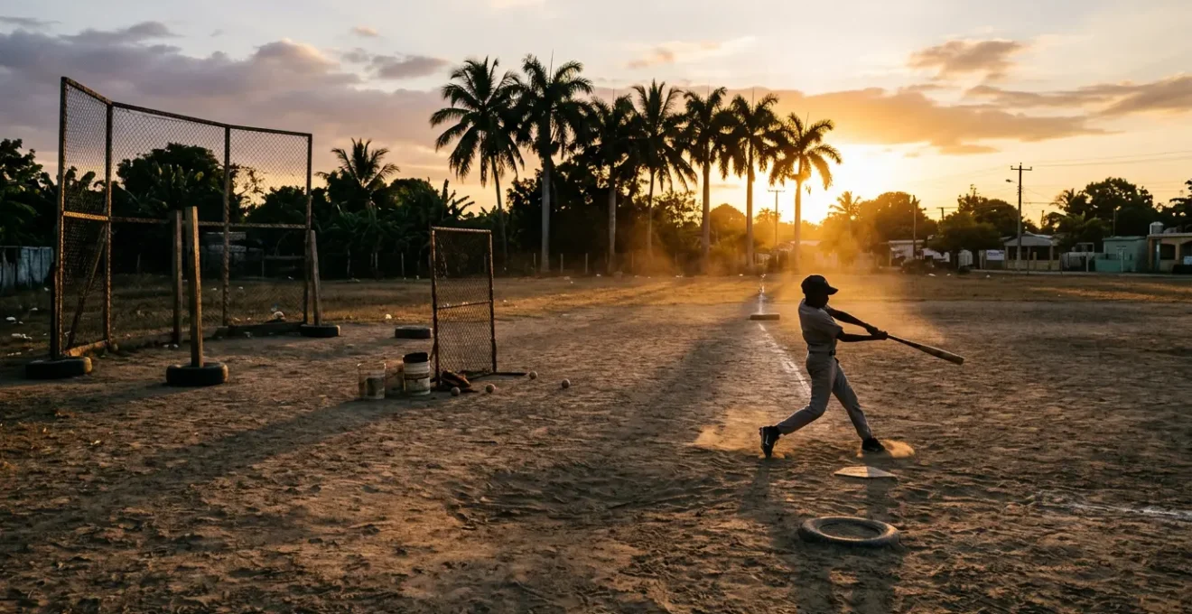 Baseball practice field at dusk in San Pedro de Macorís with young players training