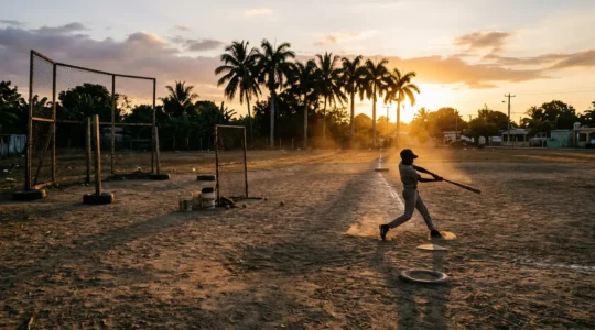 Baseball practice field at dusk in San Pedro de Macorís with young players training
