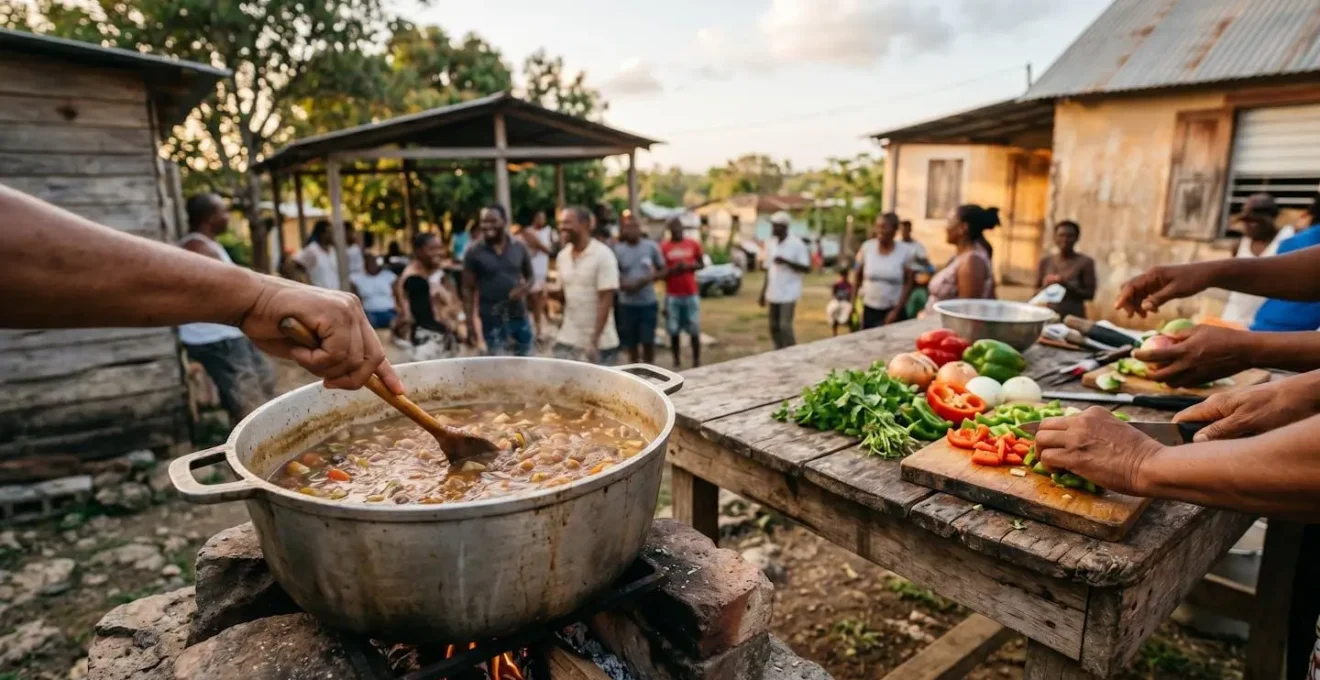 Hands stirring a large pot of sancocho over a traditional cooking fire with family gathered around