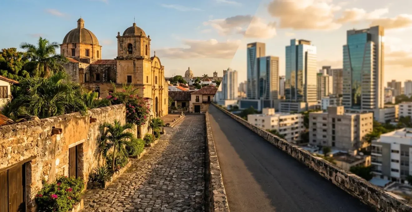 Contrasting view of Santo Domingo showing colonial architecture transitioning to modern skyline