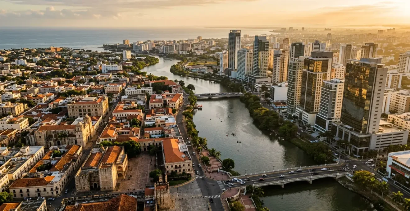 Aerial view contrasting Santo Domingo's colonial zone with modern skyline