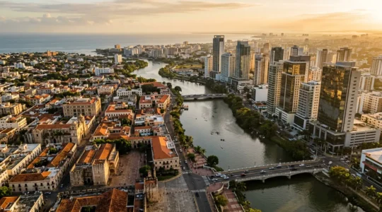 Aerial view contrasting Santo Domingo's colonial zone with modern skyline