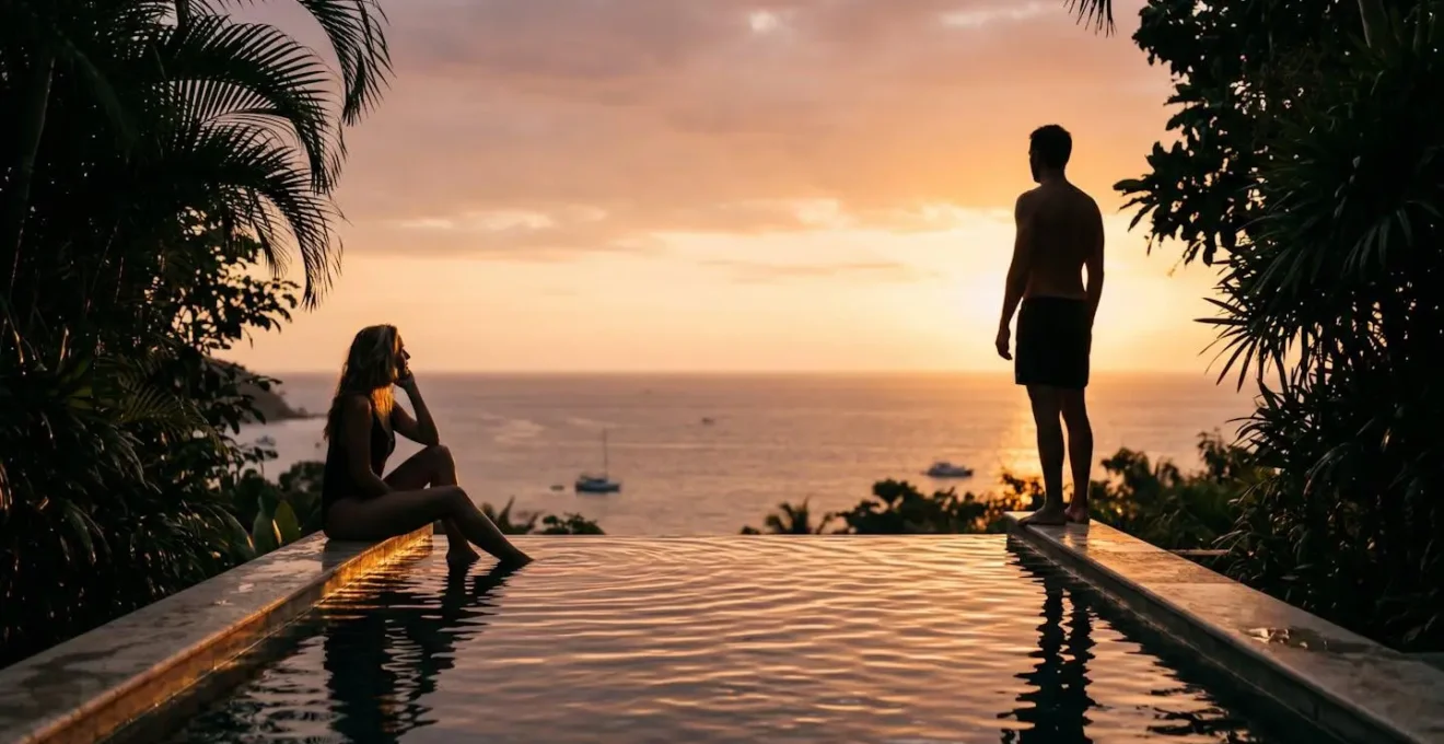 Private luxury villa terrace with infinity pool overlooking empty ocean at golden hour