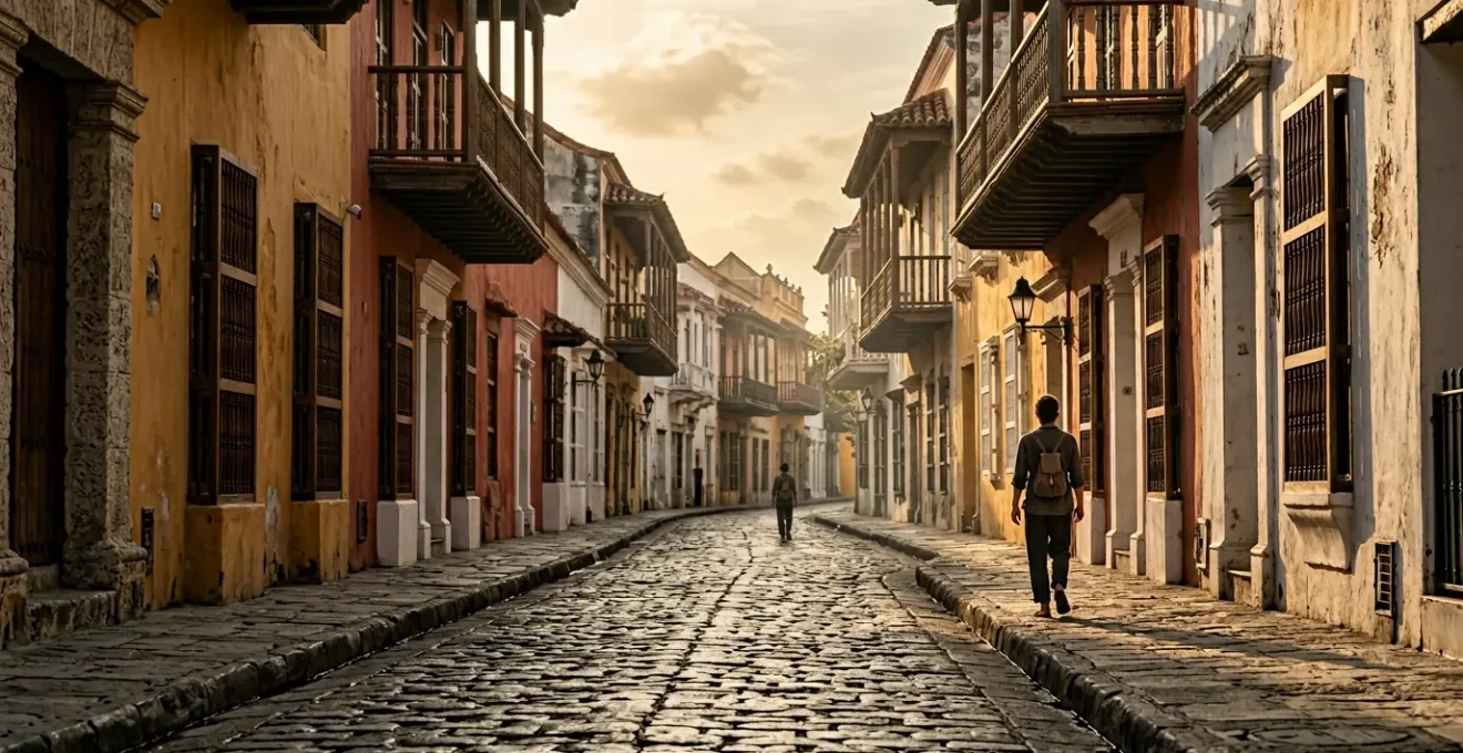 Person walking on historic cobblestone street with colonial architecture in golden hour light