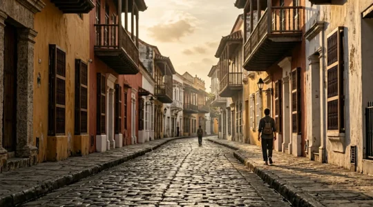 Person walking on historic cobblestone street with colonial architecture in golden hour light