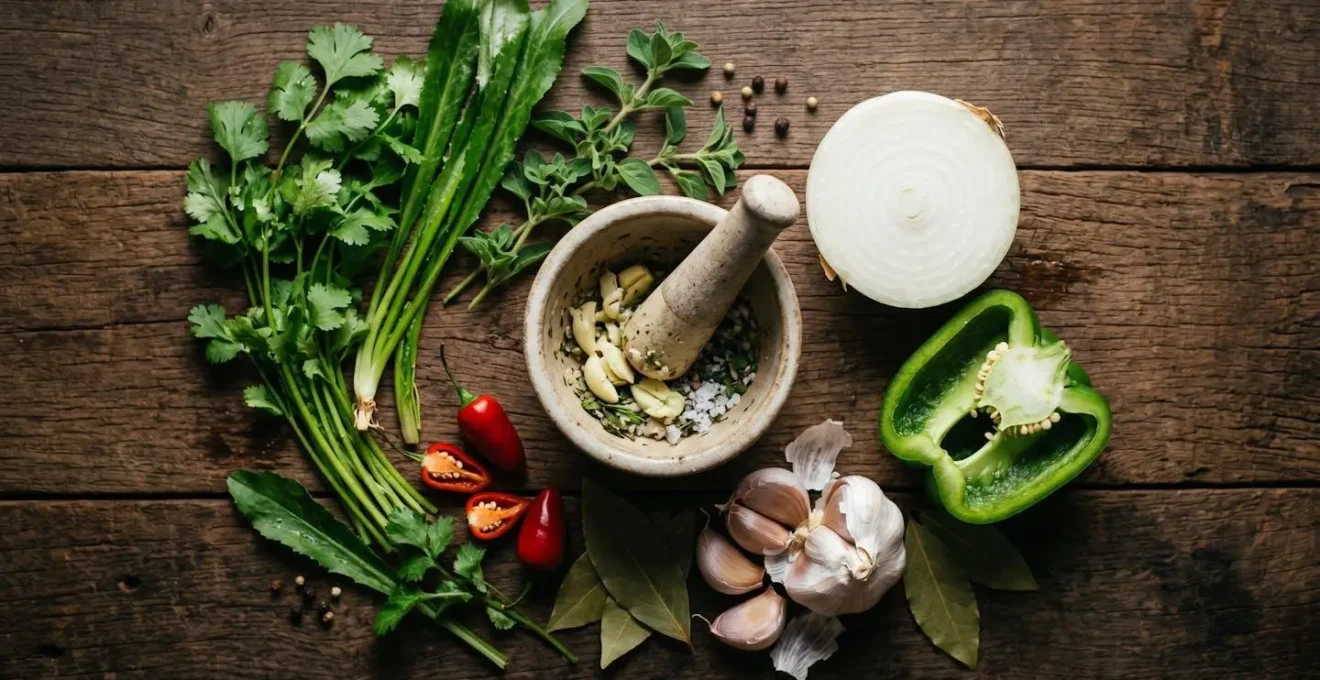 Fresh Dominican sofrito ingredients arranged for preparation showing cilantro, garlic, peppers and onions