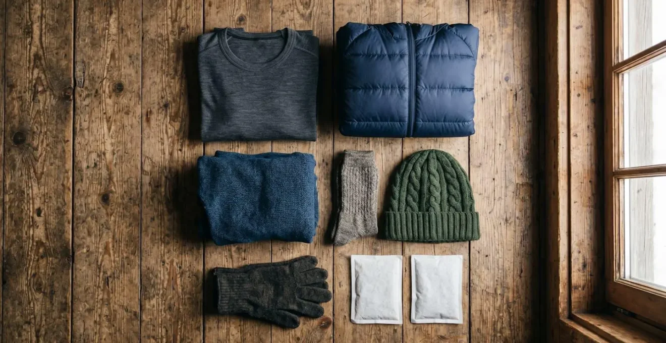Essential cold weather gear laid out for Caribbean mountain summit including down jacket and gloves