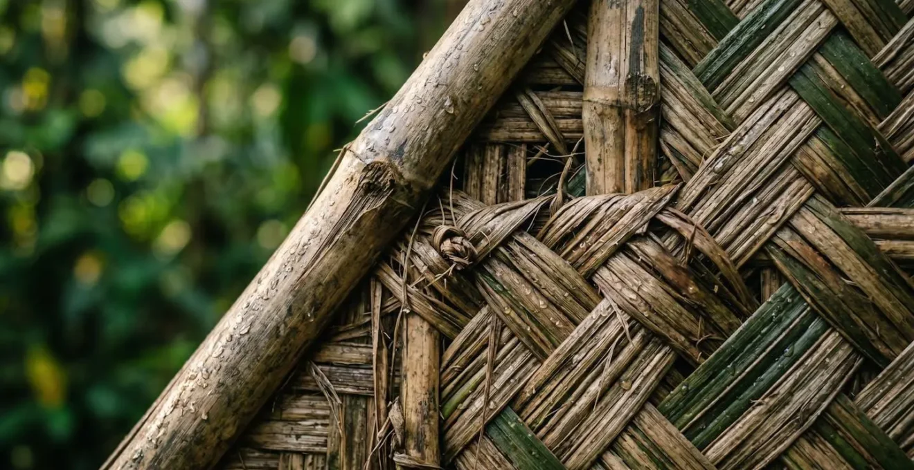Traditional wooden eco-lodge built with local materials in tropical forest clearing