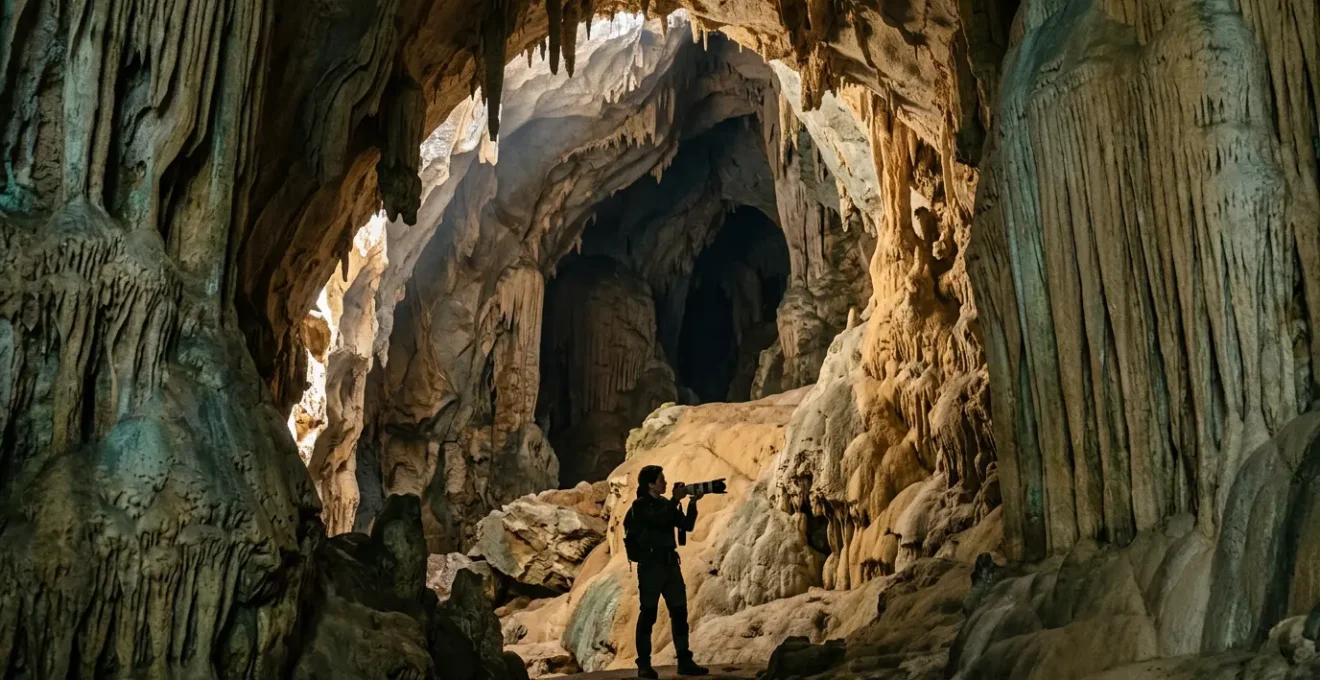 Explorer carefully documenting Taino cave art in Dominican Republic cave