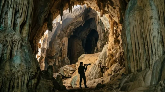 Explorer carefully documenting Taino cave art in Dominican Republic cave