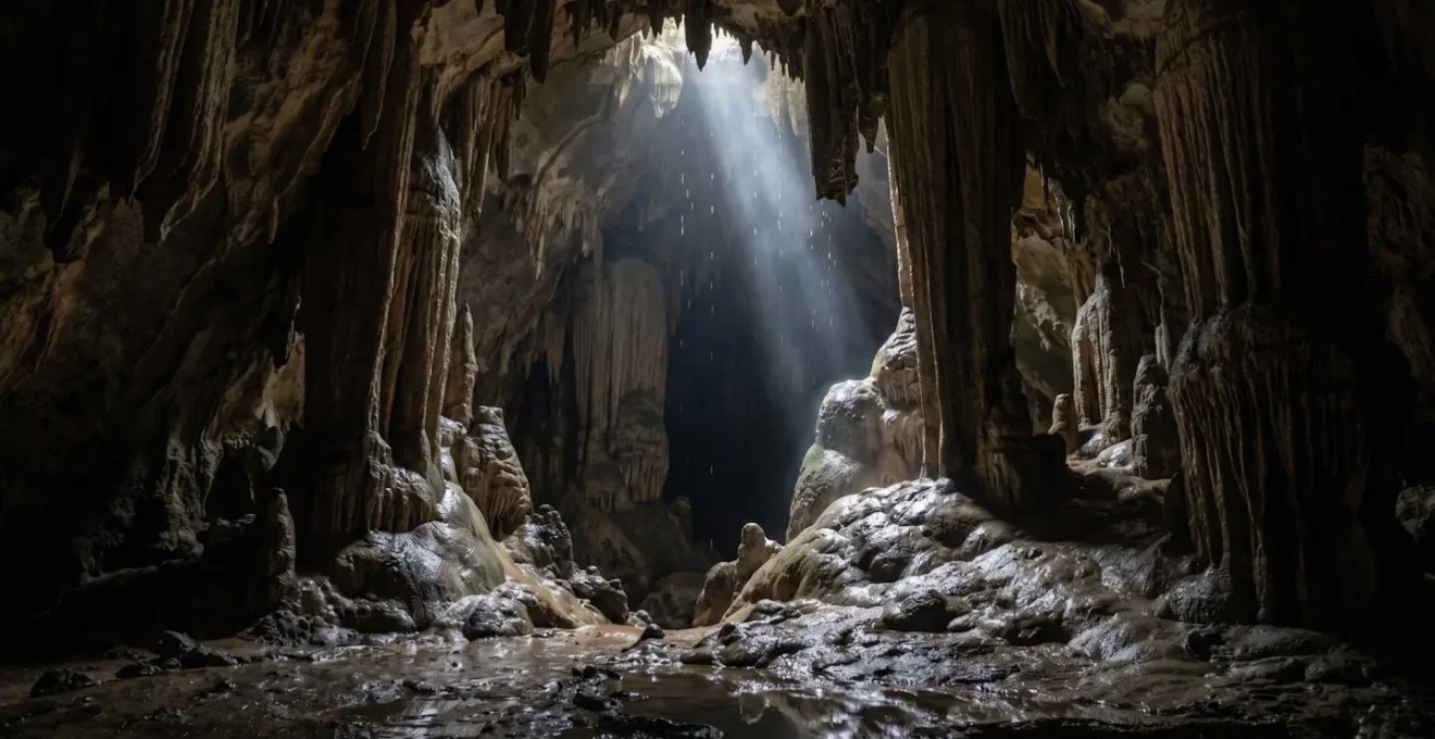 Wide angle view inside a limestone cave showing dramatic stalactites and stalagmites with subtle natural lighting creating mysterious shadows