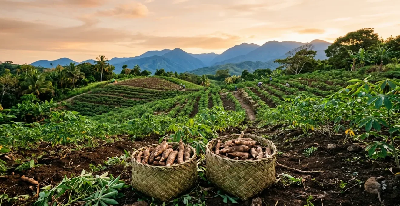 Traditional Taino agricultural scene with farmers harvesting cassava in a conuco field under Caribbean sunlight