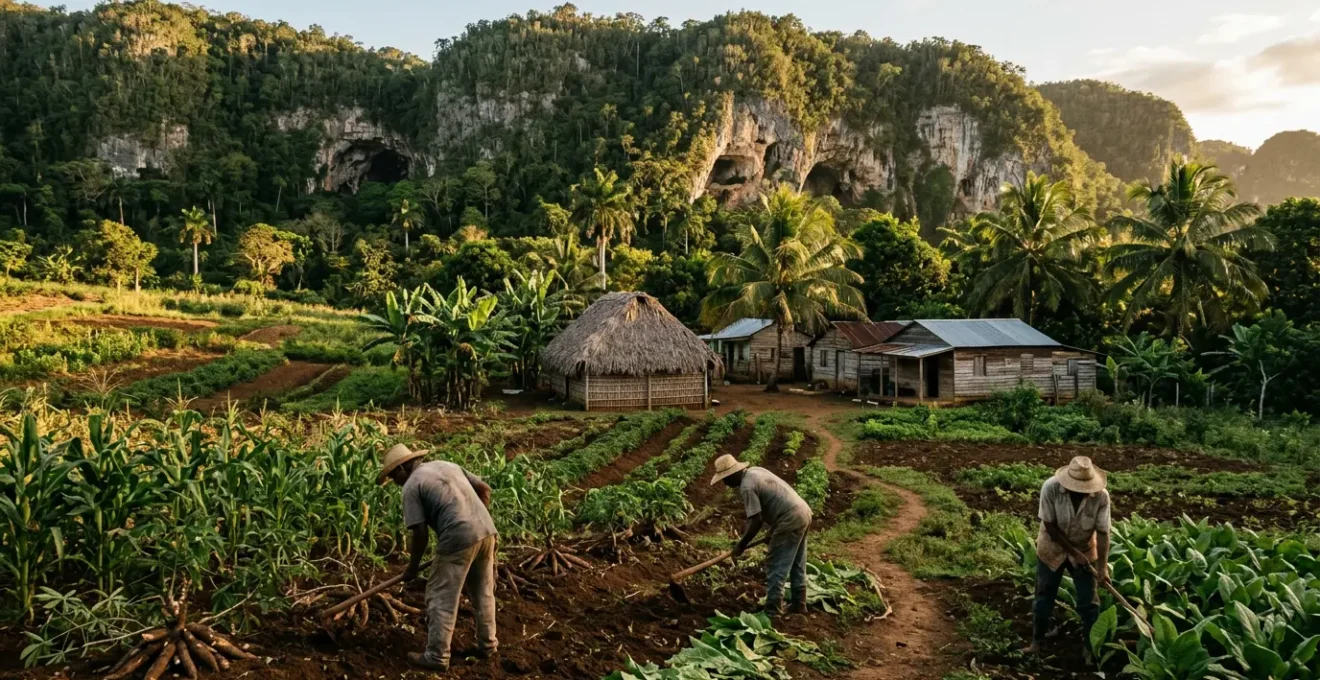 A wide atmospheric shot of Dominican countryside showing traditional conuco farming mounds with modern farmers working the land, ancient petroglyphs visible on distant cave rocks, and vibrant tropical vegetation under Caribbean sunlight