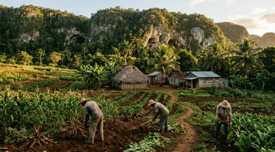 A wide atmospheric shot of Dominican countryside showing traditional conuco farming mounds with modern farmers working the land, ancient petroglyphs visible on distant cave rocks, and vibrant tropical vegetation under Caribbean sunlight