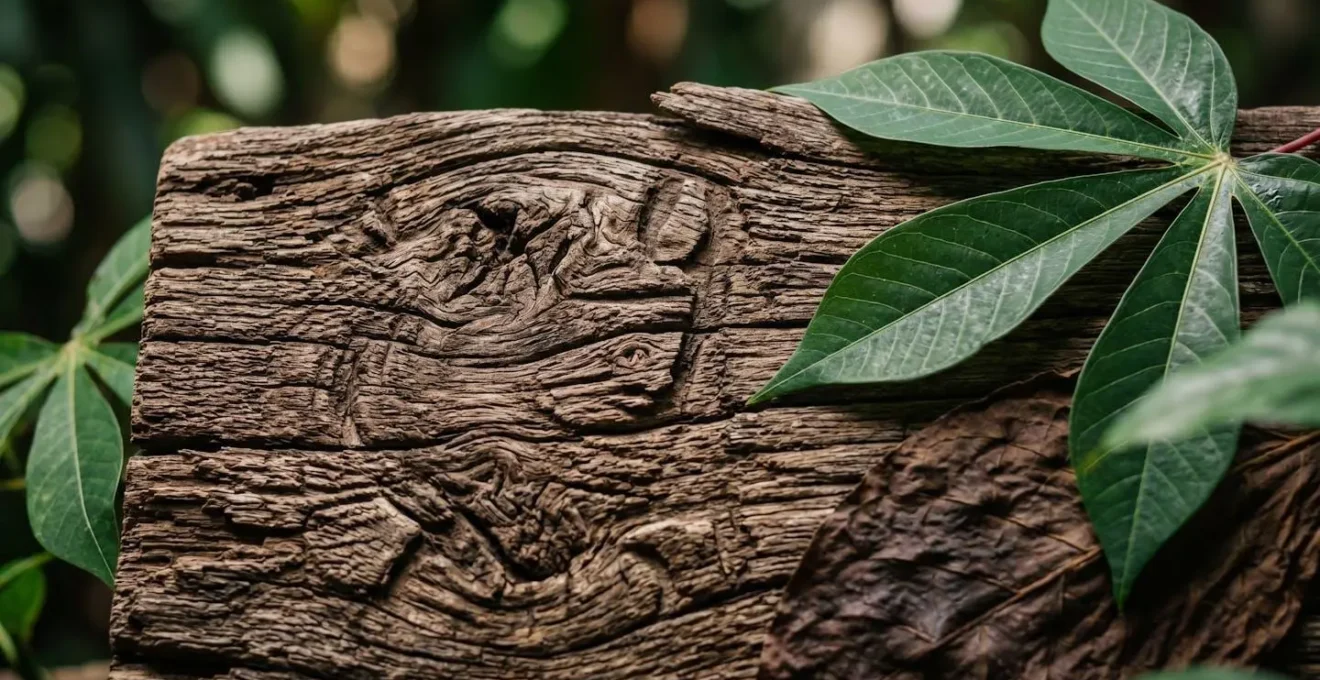 Close-up macro shot of weathered wooden surface with natural grain patterns suggesting ancient Taino carvings, tropical leaves creating shadows