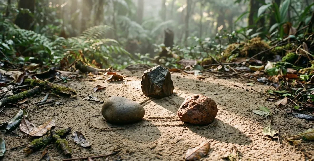 A symbolic arrangement of three natural river stones forming a triangle on sandy ground with dramatic shadows and morning mist