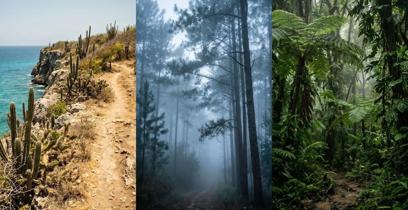 Split-screen composition showing dry coastal desert, misty mountain cloud forest, and lush tropical rainforest