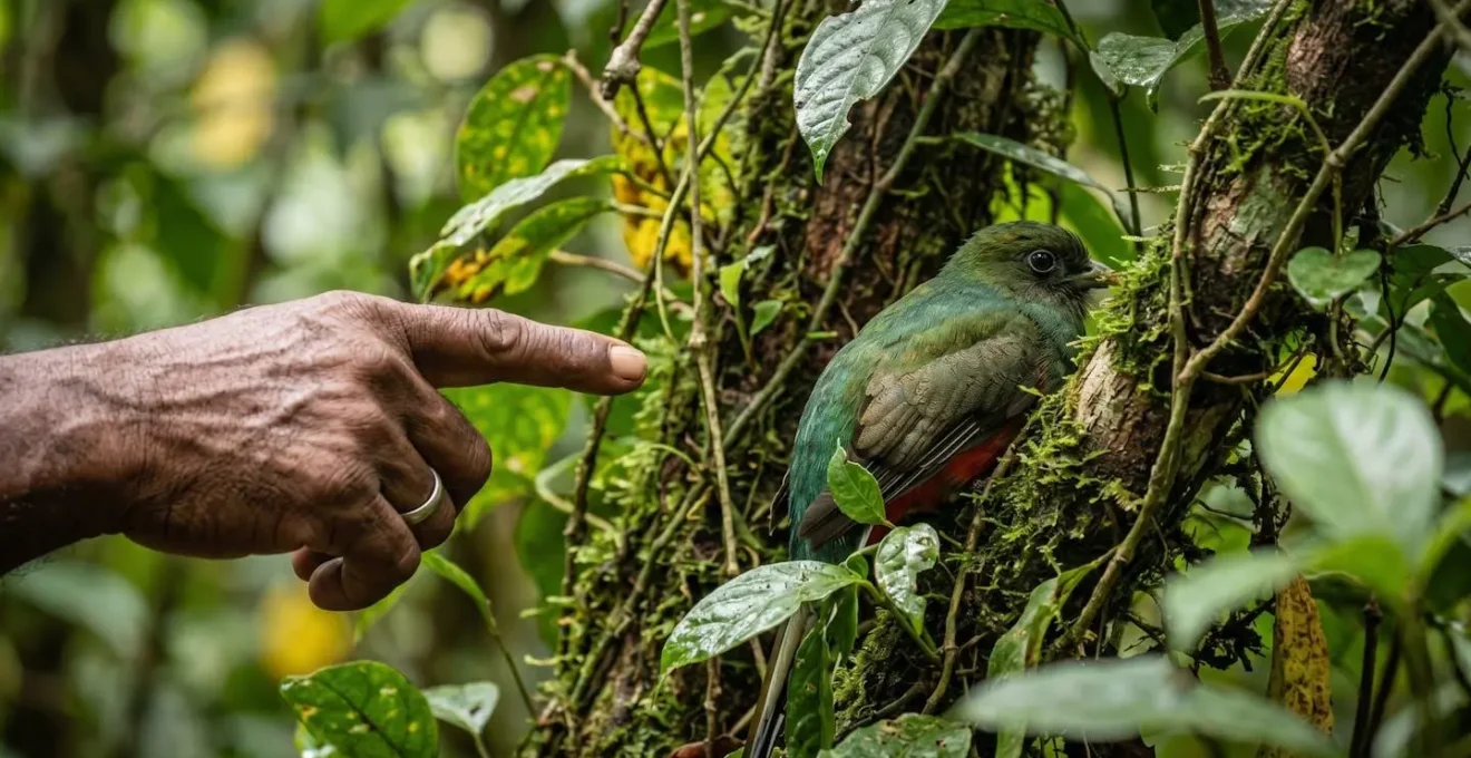 Close-up of a camouflaged endemic bird barely visible among tropical foliage with a guide's hand subtly pointing