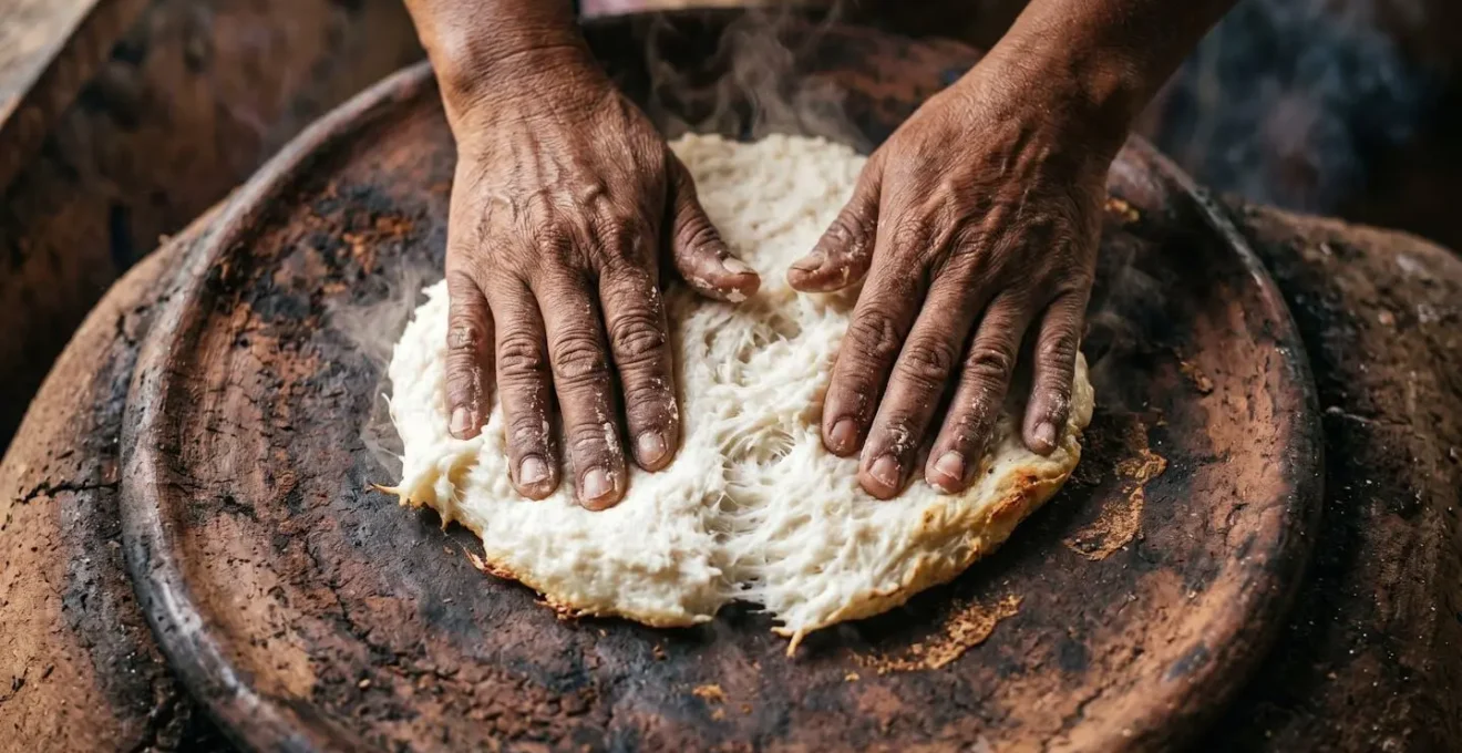 Close-up of hands pressing cassava dough on a traditional clay burén griddle