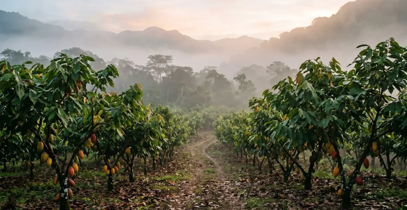 Wide shot of cacao plantation in early morning mist with trees creating natural canopy