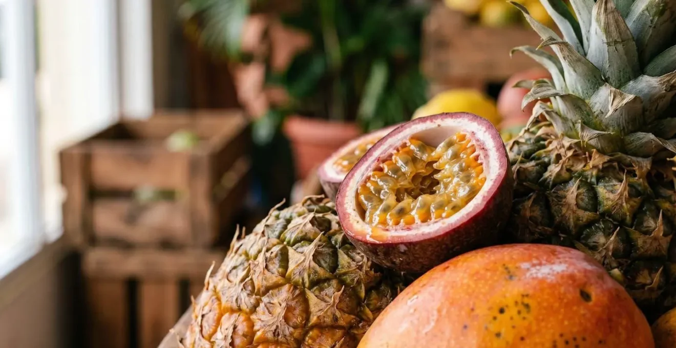 Fresh tropical fruits and vegetables at Dominican market with vibrant colors and natural textures