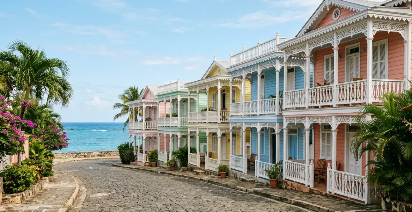Colorful Victorian gingerbread houses with ornate wooden balconies overlooking the Atlantic Ocean in Puerto Plata