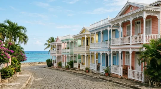 Colorful Victorian gingerbread houses with ornate wooden balconies overlooking the Atlantic Ocean in Puerto Plata