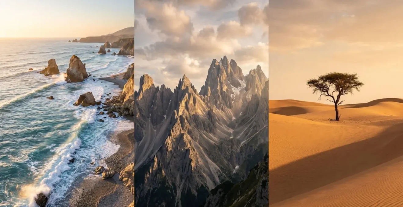 Triptych showing progression from expansive coastal shot to rugged mountain peaks to minimalist desert landscape