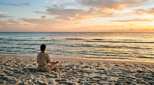 A traveler practicing morning meditation on a peaceful beach at sunrise with gentle waves